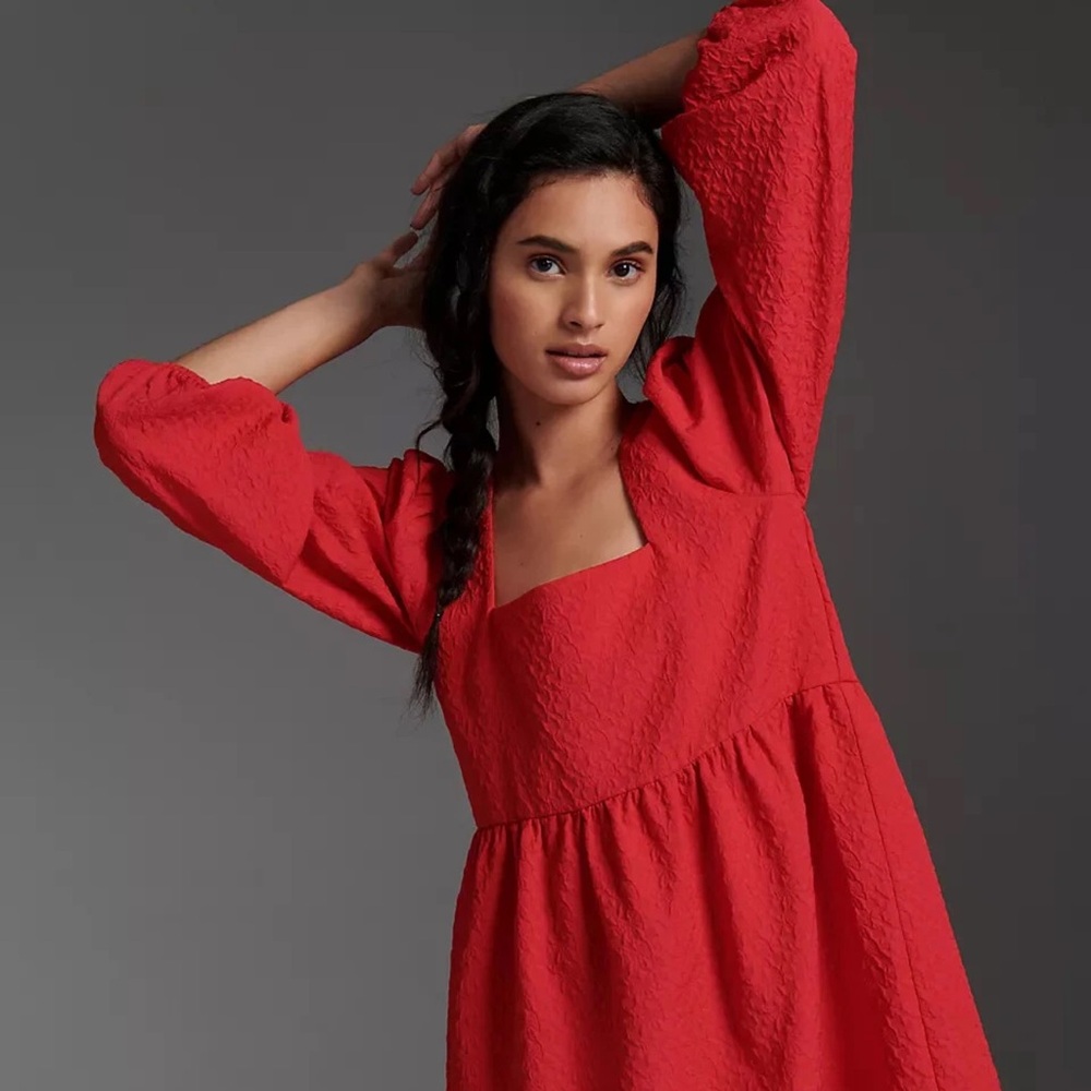 AMADI by Anthropologie Esther Red Textured Square Neck Mini Dress